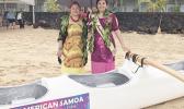 Miss American Samoa Antonina Lilomaiava, who attended the blessing ceremony for the six new outrigger canoes, on behalf of the American Samoa Visitors Bureau, who has sponsored one of the new canoes, on Tuesday, at Sadie’s by the Sea beach in Utulei.  [photo: Ese Malala]