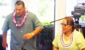 Human Resources Department director-nominee Eseneiaso Liu (right) on the Senate floor last Friday after embracing and shaking hands with Senate President Gaoteote Tofau Palaie (left). The Senate confirmation hearing confirmed the nominee last Friday morning.  [photo: FS]