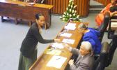 Newly confirmed Department of Public Works director Faleosina Voigt (left) shakes hands with senators following her confirmation hearing last Thursday in the Senate.  [photo: FS]