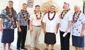  [l-r] Hope House board chairman Ta’afano Joe Tavale; BoH executive EJ Tyler Ozu; BoH executive Jon Murakami;  Monsignor Viane Etuale, Vicar General of the Diocese of Samoa Pago Pago; BoH executive Hobbs Lowson; and Hope House board member Larry Sanitoa, chairman of the Hope House 30th Anniversary Committee - pictured yesterday before BOH executives made its annual $10,000 donation to Hope House.  [photo: FS]