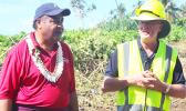 ASTCA chief executive officer, Pulele’iite Liamatua Tufele (left) and Hawaiki program manager for American Samoa, Richard Howarth (right) last Saturday morning giving a briefing to VIPs at Fogagogo on the work carried out laying the Hawaiki cable from the vessel Responder to the Fogagogo landing station.  [photo: FS]