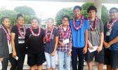 High school students from the Home of the Flames last week participated in the Territorial Science Fair competition. First place category winners are: Aitulagi Alofa (far left), Dorvida Fuiava (2nd from left), and Brodie Blizzard  (2nd from right).  [Photo: Blue Chen-Fruean]