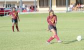 Tafuna’s Mala Mataiao takes a shot at goal against Fa’asao-Marist in a 2016-17 ASHSAA Girls Soccer playoff game at Pago Park Soccer Stadium on Monday, March 20, 2017. The defending champions FMHS, ranked No.1 lost their playoff game to Tafuna, ranked No. 4.  [FFAS MEDIA/Brian Vitolio]