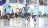 Peter Alosio of the Tafuna Jets 1 (middle) dribbles against several Green Bay B opponents during their 2017 Futsal Tournament’s pool game at Samoana High School’s gymnasium on Saturday, May 6, 2017.  [FFAS MEDIA/Brian Vitolio]
