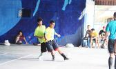 Bryman Levaula of Tafuna Jets 2 tries to control the ball against Lion Heart A’s Jordan Leilua on Match Day 3 of the 2017 FFAS Futsal Tournament at Samoana High School’s gym in Utulei on Saturday, May 20, 2017.   [FFAS MEDIA/Brian Vitolio]