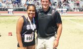 Fifteen-year-old rising Samoan track and field star Kau'ilani Malauulu Misipeka with coach Andrew Papas. Kau'ilani is making noise in Sin City, taking top honors in shot put and discuss throwing. See story for full details.  [photo: courtesy]