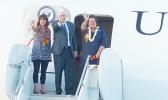 Congresswoman Amata, Vice President Pence and Second Lady Karen Pence wave to the crowd gathered at Pago Pago Intl Airport before departing for Honolulu on Air Force II.  [Courtesy photo]