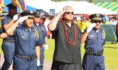 Deputy Police Commissioner Vaimaga Maiava, Police Commissioner Le’i Sonny Thompson and Deputy Commissioner Falana’ipupu Taase Sagapolutele, salute as they pass in front of the grandstand with the Department of Public Safety personnel in ‘the pass in review’ at yesterday’s 2017 Flag Day ceremony, held at the Veterans Memorial Stadium.  Le’i has initiated a  a ‘Drug Free Work Place Policy’, which is set to take effect on May 1, 2017, in response to public and government concerns about allegations of illegal d