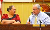Police Commissioner Le’i Sonny Thompson and Deputy Treasurer Tina Vaa appeared before the House Budget and Appropriations Committee yesterday to testify on a bill to buy new motorcycles for DPS.  [photo: AF]