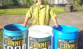 Three of the 55-gallon drums that will be used to collect nonperishable food items for the estimated 1,500 cannery workers who will be without paychecks for 5 weeks, when StarKist Samoa shuts down later this month.   [photo: BC]