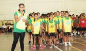 A Lupelele elementary student presenter explains their theme to the judges during the ASDOE/FFAS Just Play Program finale on Thursday, April 27, 2017 at the DYWA gymnasium in Pago Pago.   [FFAS MEDIA/Brian Vitolio]
