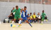 American Samoa’s Henry Milo Tiatia gets physical on the ball with a Solomon Islands’ opponent during a game of the OFC Youth Futsal Tournament at Bruce Pulman Arena in Auckland, New Zealand on Wednesday, October 4, 2017.  [FFAS MEDIA/Brian Vitolio]