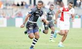 With great joy, Nocenieli Batine scroes a try vs Japan in their 26-26 tie, day 1 SiliconValley 7s, Avaya Stadium, San Jose, California. [Photo: Barry Markowitz]