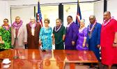 In this recent file photo of Lualemaga Faoa, he is seen standing next to Lt. Gov. Lemanu P. Mauga (far right) in a group photo with Gov. Lolo M. Moliga (center) and Secretary of Samoan Affairs Mauga Tasi Mauga (third from left), after being sworn in as the Western District Governor three weeks ago, at the Office of Samoan Affairs.  [OSA courtesy photo]