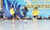 A Pago Youth 2 player and Vaitogi United opponent in action during their 2017 Futsal Tournament’s pool game at Samoana High School’s gymnasium on Saturday, May 6, 2017.  [FFAS MEDIA/Brian Vitolio]