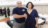 President and Organizer of the Sau Ia Bodybuilding Inc, Peter Reid and Sala Mcmoore after the two-day bodybuilding event held last Thursday and Friday at the Lee Auditorium in Utulei. [Photo: EM]
