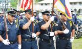 Senior police officers, who lead the mini parade yesterday morning at the Fagatogo malae — Malae o le Talu — to officially open Police Week in American Samoa.  [photo: AF]