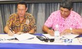 Fiji Airways’ Managing Director and Chief Executive Officer, Andre Viljoen (left) and Polynesian Airlines Chief Executive Seiuli Tupuivao Alvin Tuala signing the MOU in Apia, on Monday (Samoa Time) to jointly pursue a range of commercial opportunities and partnerships.  [Courtesy photo]