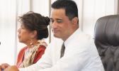 Port Administration director Taimalelagi Dr. Claire Poumele (left) and Attorney General Talauega Eleasalo Ale (right) during Tuesday’s Senate Transportation/ Port Committee on the proposed hikes in port fees and charges.  [photo: FS]
