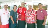 Victor Roosen (third from left) of the American Red Cross Chapter of San Diego, and Vaitoa Hans Langkilde (second from left), chairman of the local Red Cross, along with Etenauga Lutu (second from left), a long-time donor to the Red Cross, and others after yesterday’s dedication of the new Red Cross building in Tafuna.  [photo: Leua Aiono Frost]