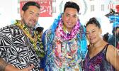 Shark Jerold Papu and his proud parents from Fagatogo at his graduation yesterday morning for the Class of 2017 — Home of the Mighty Sharks.  [photo:EM]