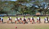 Samoana Sharks Varsity offensive unit — in a full house formation — as they rehearsed their running attack during yesterday’s practice at their school field. [photo: TG]