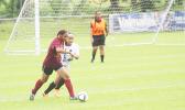 Tafuna’s Mala Mataiao dribbles away from SPA opponent Jessica Satele during an ASHSAA Girls varsity soccer game on Monday, Feb. 1, 2017 at Pago Park Soccer Stadium.   [FFAS MEDIA/Brian Vitolio]