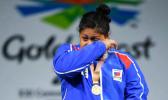 An emotional Feagaiga Stowers at Monday's medal ceremony. [ GETTY IMAGES   via Stuff NZ]