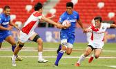 A long Samoa try spells doom for the rising success of Japan in Samoa's 26-14 victory at the Singapore HSBC Sevens, Day 2, National Stadium, Singapore. [Photo: Barry Markowitz]