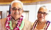 Newly sworn-in senator for Alataua county, Sauitufuga Masefau Pita Suiaunoa (left) with his wife, Taumaoe Lafaele Suiaunoa, posing for a photo in the Senate chamber, yesterday, after a brief swearing in ceremony. [photo: FS]