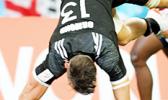 Lewis Ormond scored a scary try in New Zealand's 24-21 come from behind victory over Kenya at the Singapore HSBC Sevens, Day 2, National Stadium, Singapore.   [Photo: Barry Markowitz]