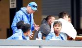 Legendary Rugby 7s Coach, Sir Gordon Tietjens, coaches up his Manu Samoa players while they snack between games at the SiliconValley 7s, Avaya Stadium, San Jose, California, USA.  [Photo: Barry Markowitz]