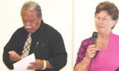 Governor’s chief of staff, Fiu J. Saelua (left) and Territorial Administration on Aging director Evelyn Lili’o-Satele, at last Wednesday’s cabinet meeting where Lili’o-Satele announced the senior citizen King and Queen pageant, which is an added activity to the Governor’s annual Christmas Program for seniors.  [photo: FS]