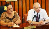 Territorial Bank of American Samoa chief operations officer Makerita T. Polu (left) and TBAS chief executive officer Philip Ware during a House committee hearing yesterday morning.  [photo: AF]