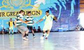 Max Taukilo (right) of Taputimu Youth in action against a Vaiala Tongan opponent during their 2017 Futsal Tournament’s pool game at Samoana High School’s gymnasium on Saturday, May 6, 2017.  [FFAS MEDIA/Brian Vitolio]