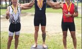 Winners of the Olympic Triathlon Course (1 mile swim, 24.6 mile bike, 6.2 mile run) that took place last Saturday at Utulei Beach: third place Matt Bracken, second place Patrick McEntire and first place Richard Birgander.  [photo: Ese Malala]