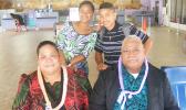 Rev. Steven Uitalia (left) along with his wife and their two grand children (pictured in the back), at the Pago Pago International Airport on Sunday morning were among the first nine-passengers on Talofa Airways’ ingural flight from American Samoa to Nuku’alofa, Tonga on Sunday, July 2.  [photo: FS]