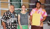 Dr. Unasa Felise Va’a (left) , pictured in a 2012 Pacific Manuscripts Bureau (PAMBU) newsletter along with Kylie Moloney and Avologo Togi Tunupopo, head librarian, at the National University of Samoa Library. He is the keynote speaker of the first Tatau Forum to be held at the ASCC Lecture Hall on Thursday, October 27, from 9:00 to 2:30 P.M.  [photo: National Library of NZ website]