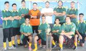 Utulei Youth, the 2017 FFAS Futsal Tournament champions with their trophy after the 2- 1 shootout (1-1) win against Pago Youth 1 on Monday, May 29 at the Samoana High School gymnasium in Utulei. [FFAS MEDIA/Brian Vitolio] 