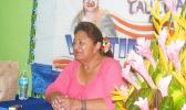 Vaitinasa Salu Hunkin-Finau speaking last Wednesday afternoon during a news conference at her campaign headquarters in Nu’uuli.  [photo: FS]
