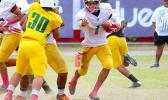 Samoa News selected the sophomore running back from Nu’uuli Vocational Technical High School – Wildcats Football Team: Iosefa Mauga (#1), as the Player of the Game in his marvelous performance against Leone. Mauga racked up 3 touchdowns, rushed for almost 200 yards.  [photo: TG]