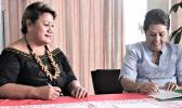 Finance Minister Mulipola Anarosa 'Ale Molio'o and ADRA country director Su'a Julia Wallwork at the Shelter and Hygiene Facilities Program funding announcement. (photo: govt of Samoa Twitter via RNZ) Mulipola Anarosa 'Ale Molio'o and Su'a Julia Wallwork