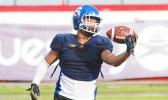 All-Star Linebacker, (SHS) Cornelius Aiava making a one handed catch – interception/swat drill during practice this past Tuesday morning at the Veterans Memorial Stadium.  [photo: TG]