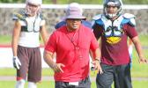 Head Coach of the American Samoa All-Star Football Team, Pati Pati running towards the sidelines after placing the ball at the line of scrimmage – during the All-Star practice session at the Veterans Memorial Stadium, this past Tuesday. [photo: TG]