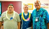 ASCC-ACNR Director Aufa’i Apulu Ropeti Areta (right) gives his well-wishes to two retiring staff members, Network Specialist Albert Siliga (left) and Health Communications Researcher Micah van der Ryn