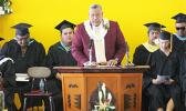 Lt. Governor Lemanu Peleti Mauga during his special remarks at the 65th ASCC Commencement Ceremony last Friday morning. He advised graduates, “If you want to go fast, go by yourself; if you want to go far, go together.”   [photo: TG]