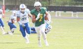 Leone's Iverson Ta’ase racing to the sidelines as he gains huge yardage for the Lions on this run, during the opening half of a varsity game against Samoana this past Saturday. [photo: TG]