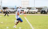 Samoana Sharks' Elliot Lelei with his first score of the game, a long pass by Feala that netted the opening touchdown of the match. Elliot Lelei caught 4 touchdown passes from Feala in a lopsided 34-8 win against Leone last Saturday. [photo: TG]
