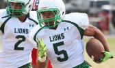 A Leone Lions running back, carrying the ball during the second half of a junior varsity game against the Vikings. Leone lost 0-16 in their second game of the regular season.  [photo: TG]
