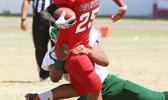 Jessie Toilolo getting tackled in the backfield by a Leone defender in the second half of a JV game last Saturday,  between the Lions and the Vikings. Toilolo helped the Vikings to a 16-0 win. [photo: TG]